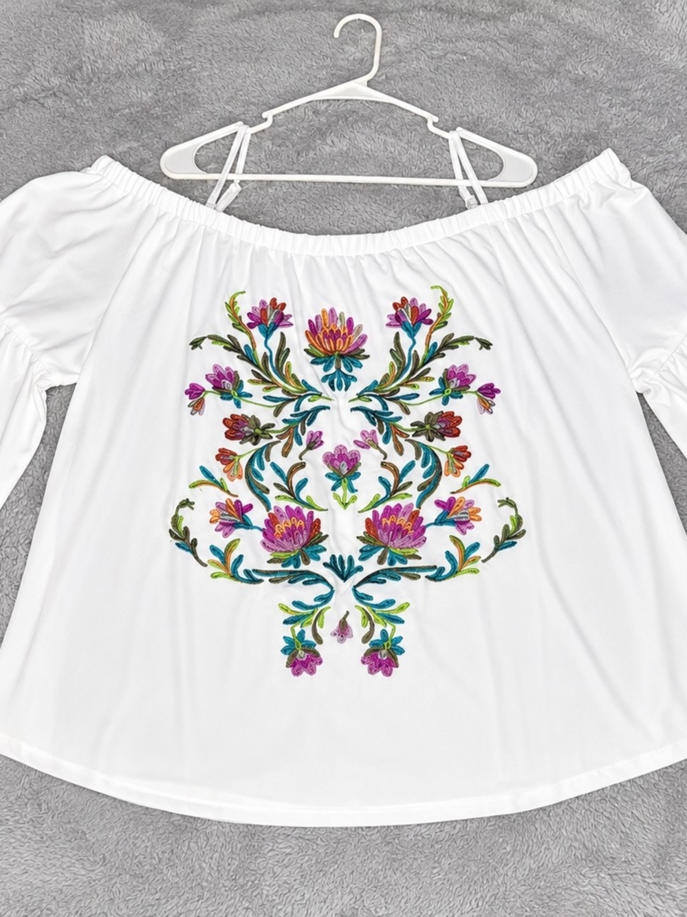K Jordan White Off-Shoulder Tunic with Multicolor Floral Embroidery